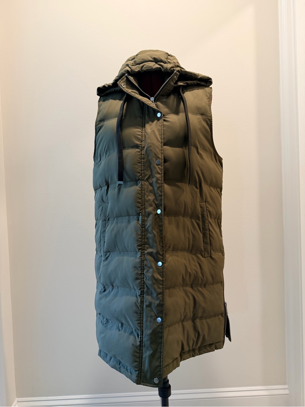 Zara Olive Green Hooded Long Puffer Vest